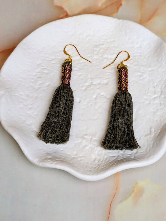 "Kaylee" Khaki Tassel Earrings with Metallic Wrap