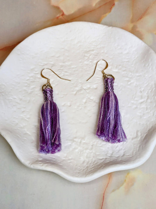 "Kaylee Mini" Purple Tassel Earrings with Metallic Wrap