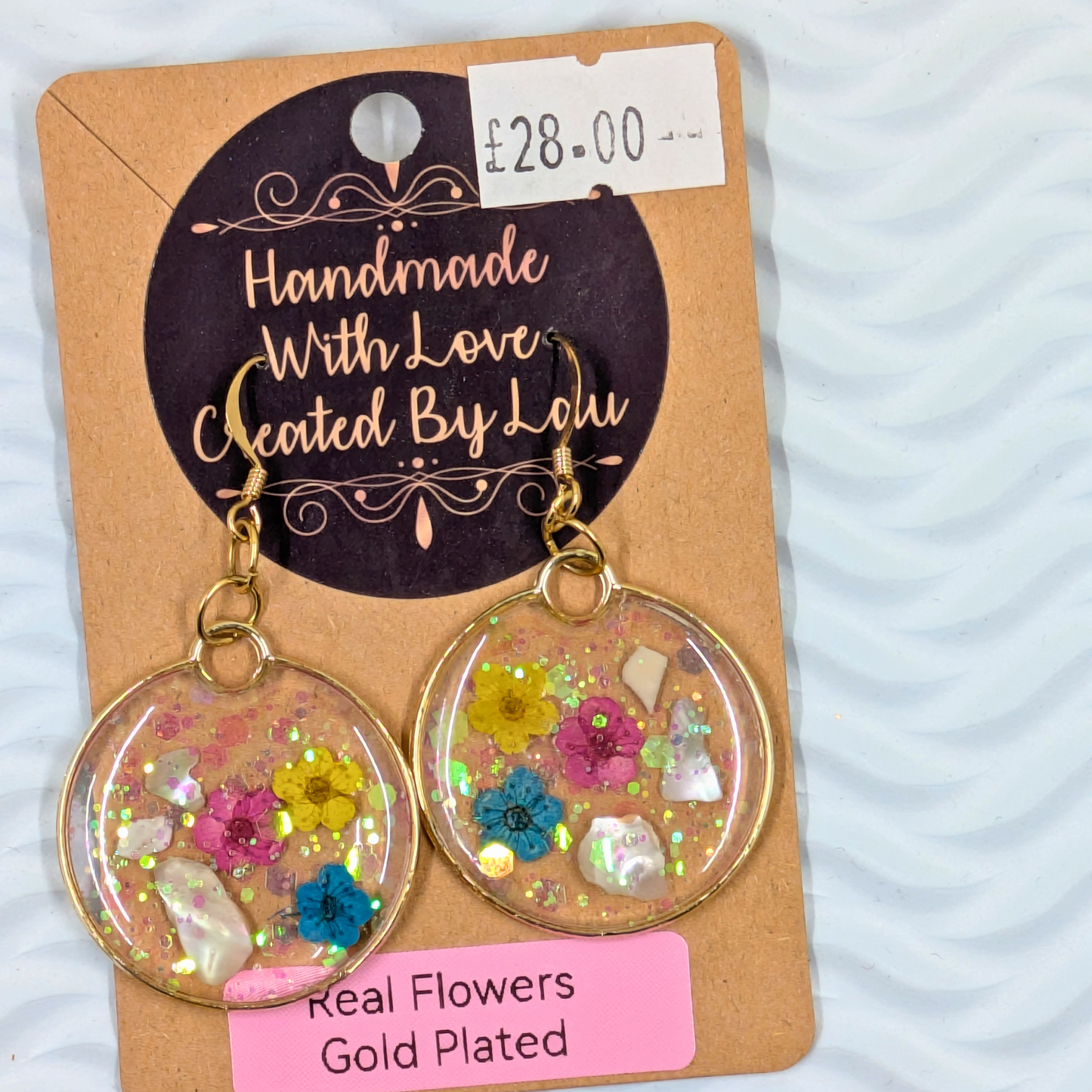 "Layla" Real Flowers Blossom Flowers and Mother of Pearl Shell Bezel Dangle Earrings