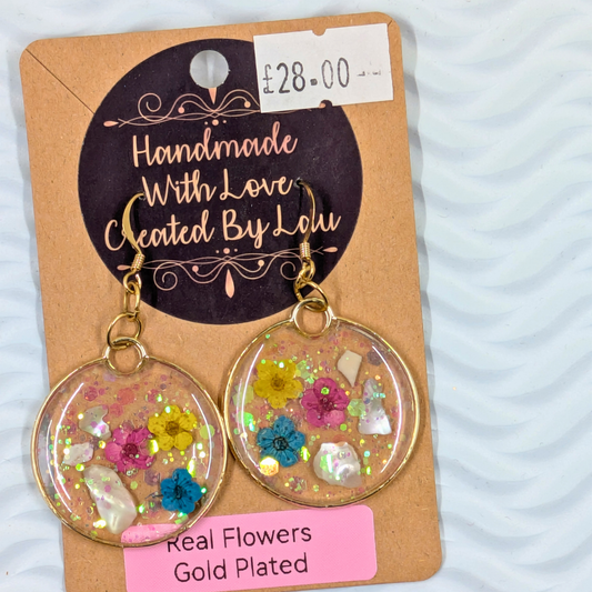"Layla" Real Flowers Blossom Flowers and Mother of Pearl Shell Bezel Dangle Earrings