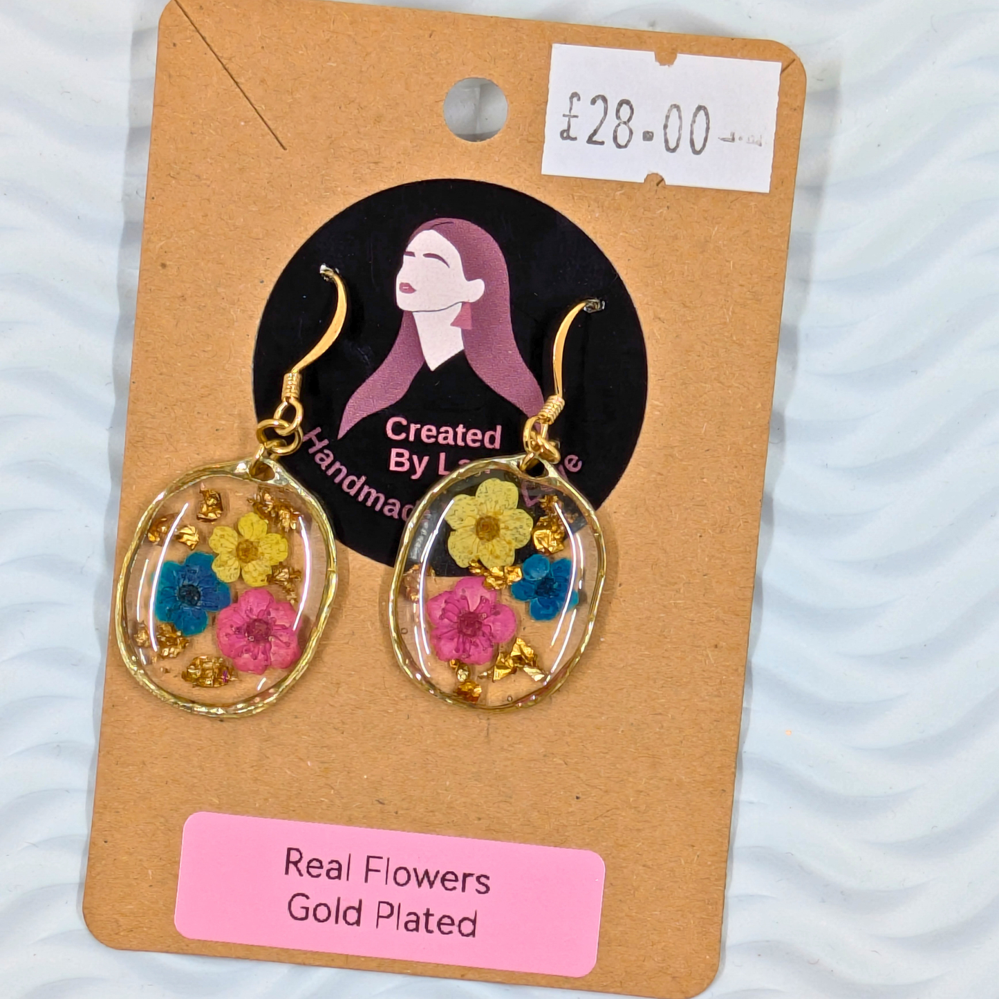 "Layla" Real Flowers Multi Colour Flowers and Gold Leaf Bezel Dangle Earrings