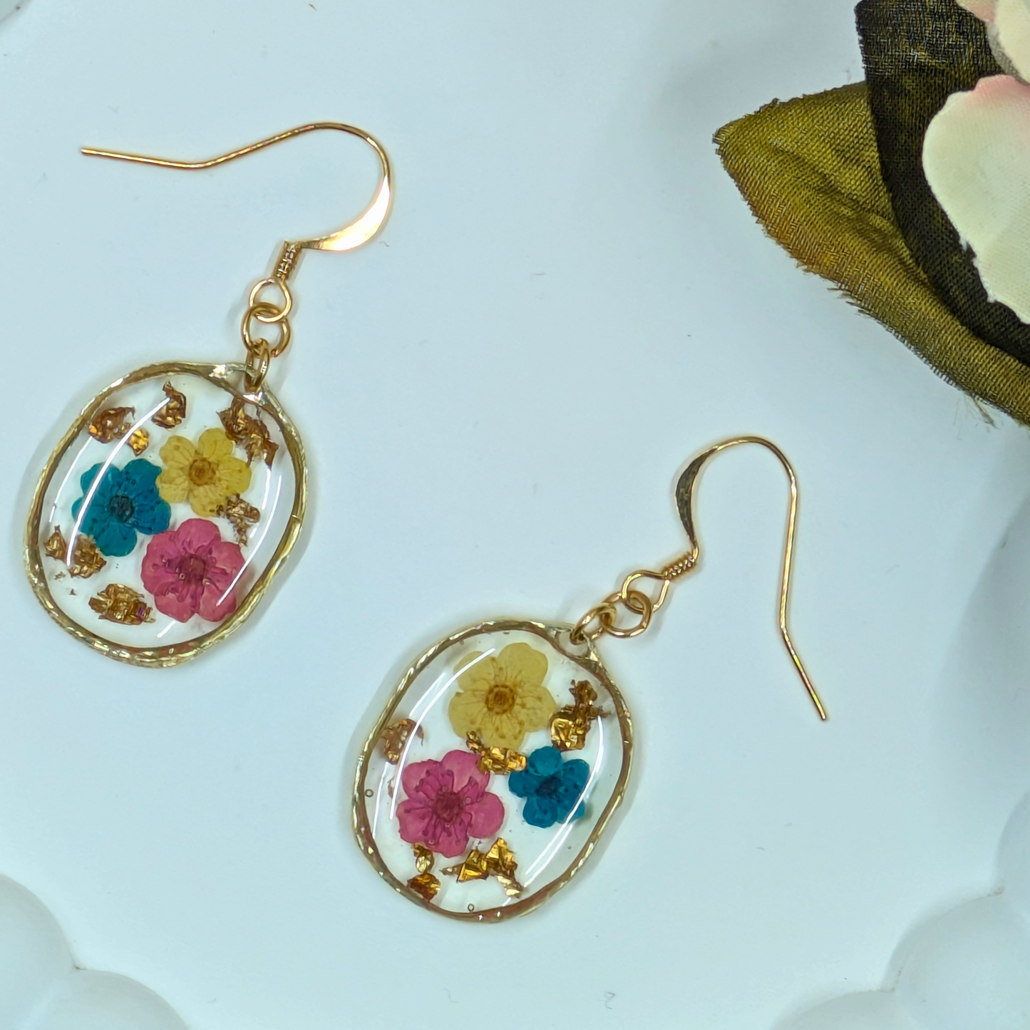 "Layla" Real Flowers Multi Colour Flowers and Gold Leaf Bezel Dangle Earrings