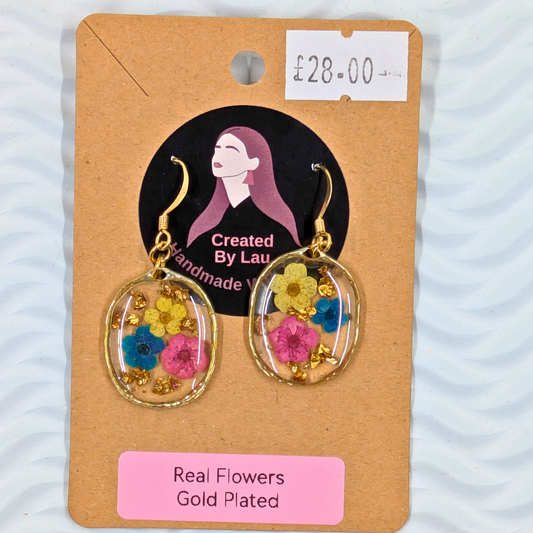 "Layla" Real Flowers Multi Colour Flowers and Gold Leaf Bezel Dangle Earrings
