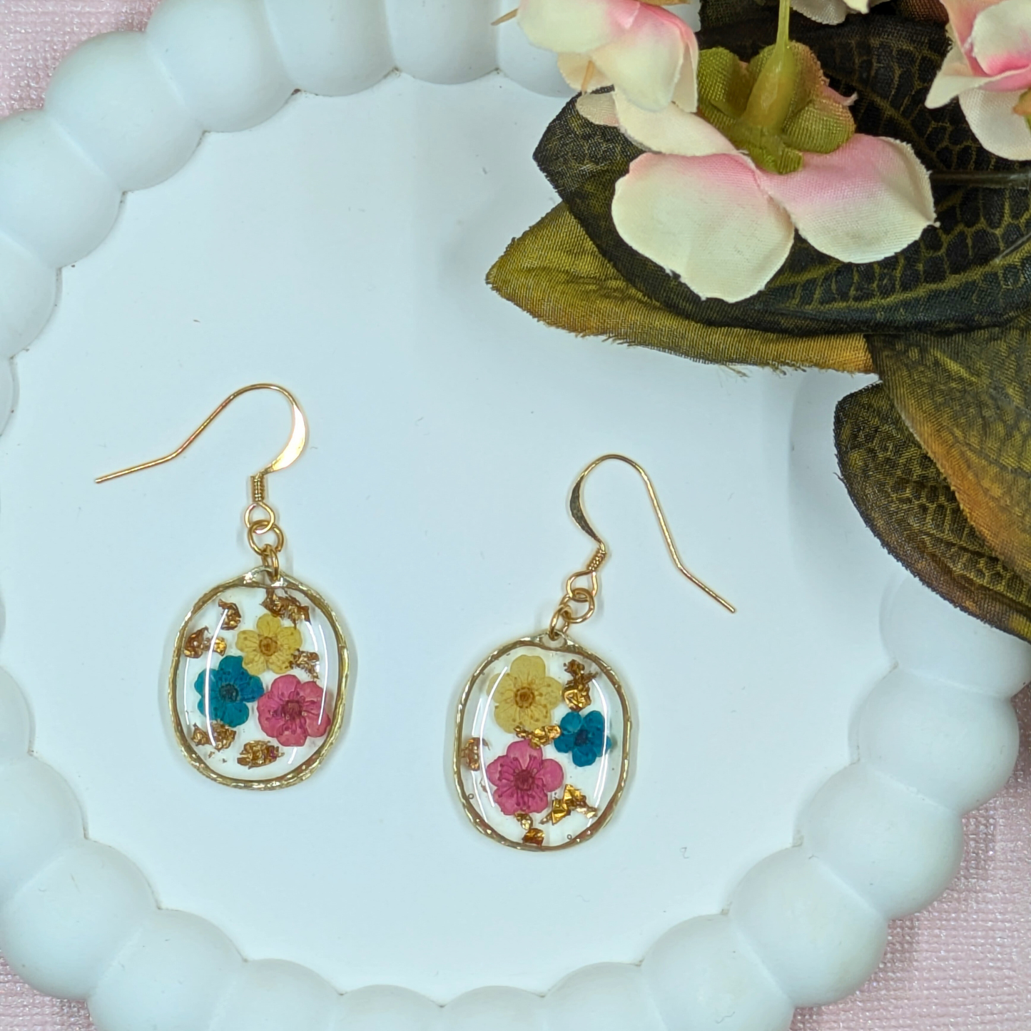 "Layla" Real Flowers Multi Colour Flowers and Gold Leaf Bezel Dangle Earrings