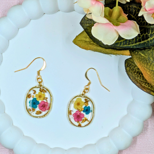 "Layla" Real Flowers Multi Colour Flowers and Gold Leaf Bezel Dangle Earrings
