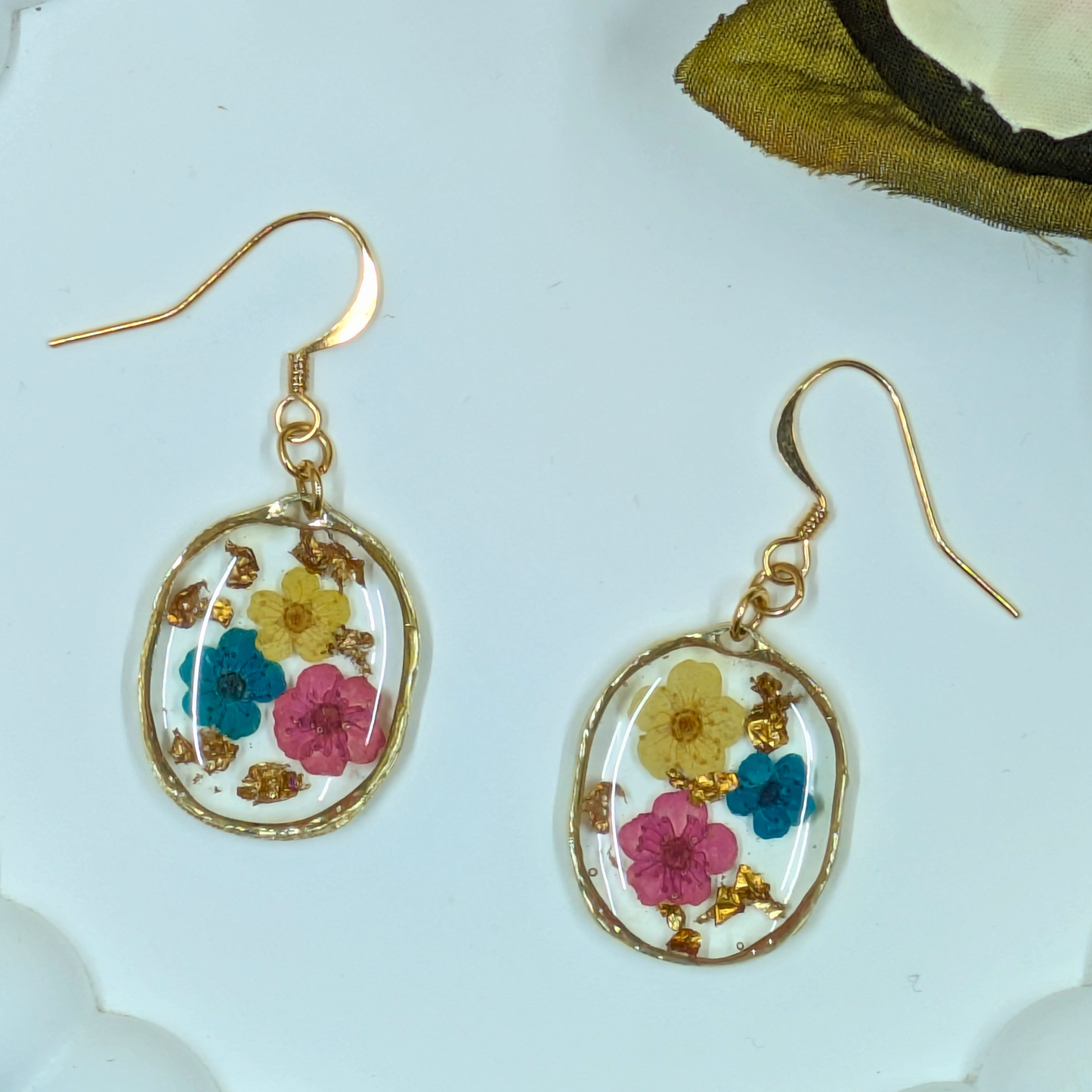 "Layla" Real Flowers Multi Colour Flowers and Gold Leaf Bezel Dangle Earrings