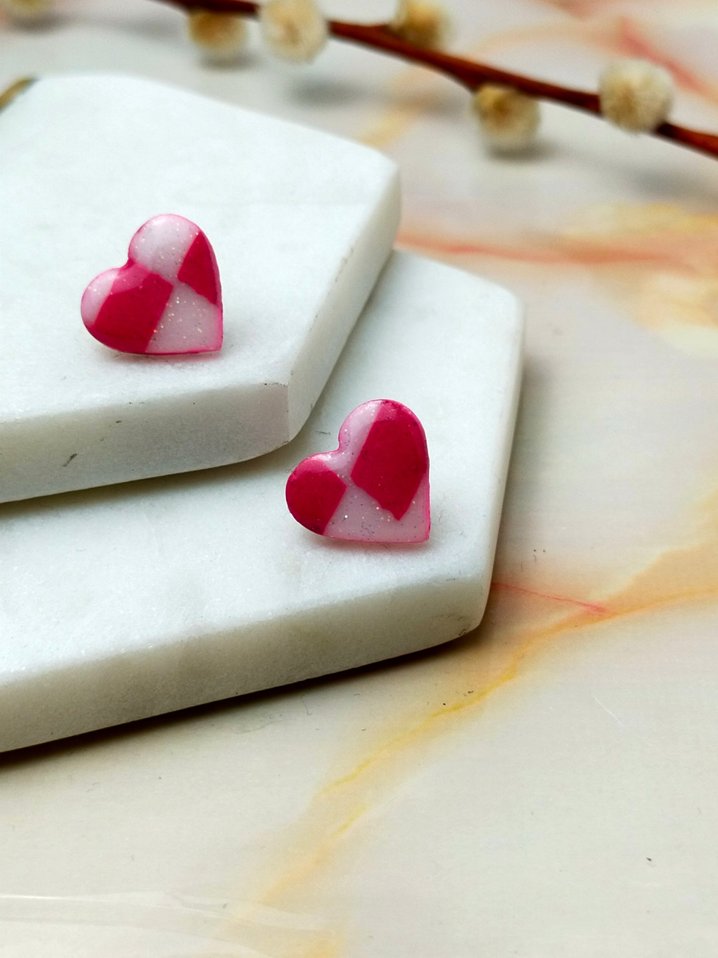 "Lexi" Pink & White Checkerboard Heart Stud Earrings
