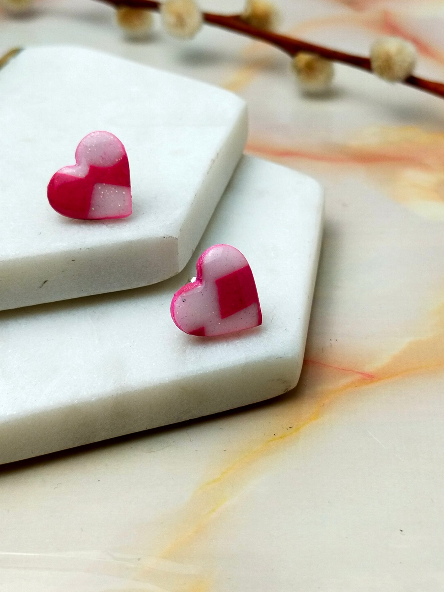 "Lexi" Pink & White Checkerboard Heart Stud Earrings
