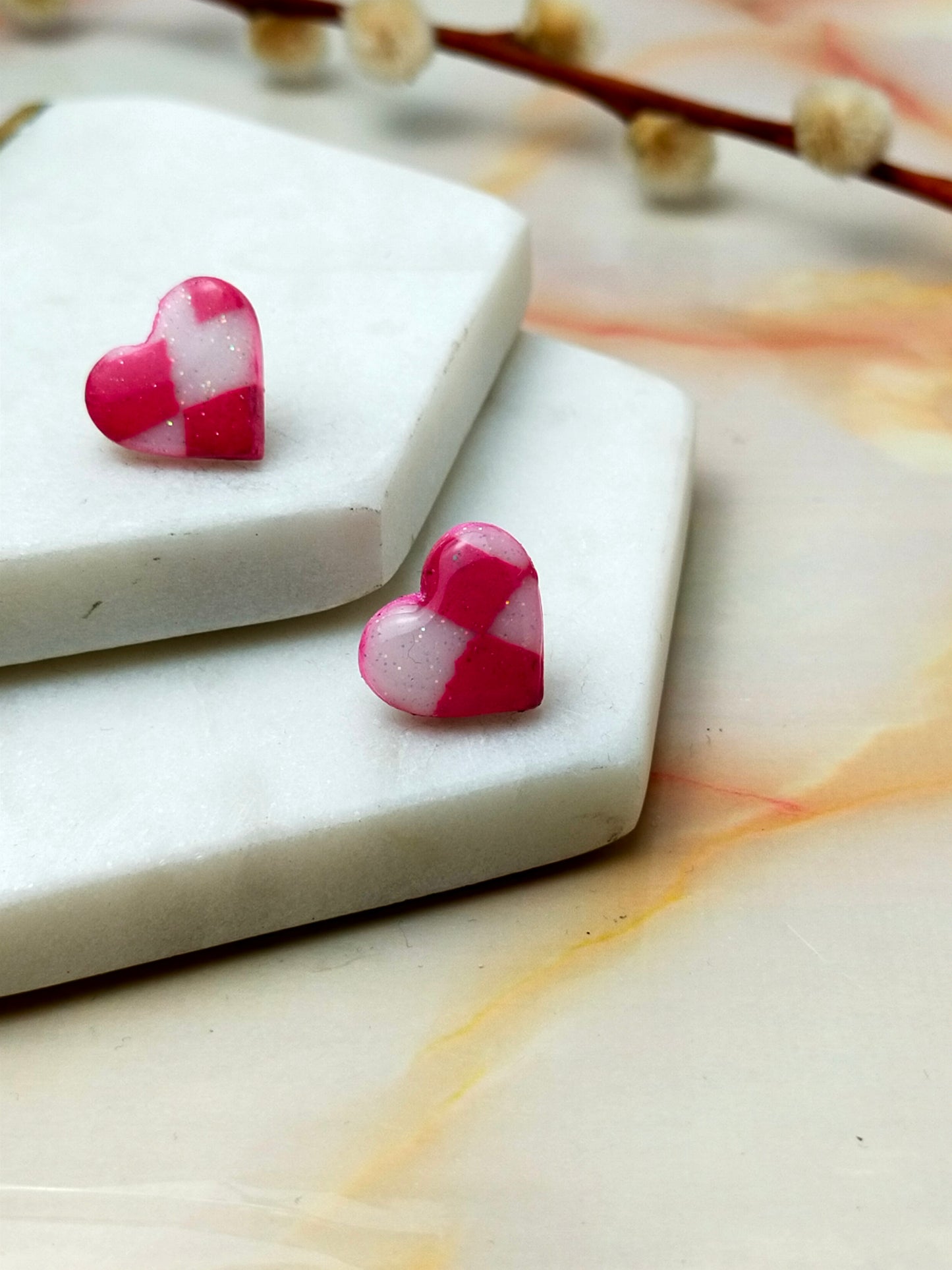 "Lexi" Pink & White Checkerboard Heart Stud Earrings - Valentine's Collection