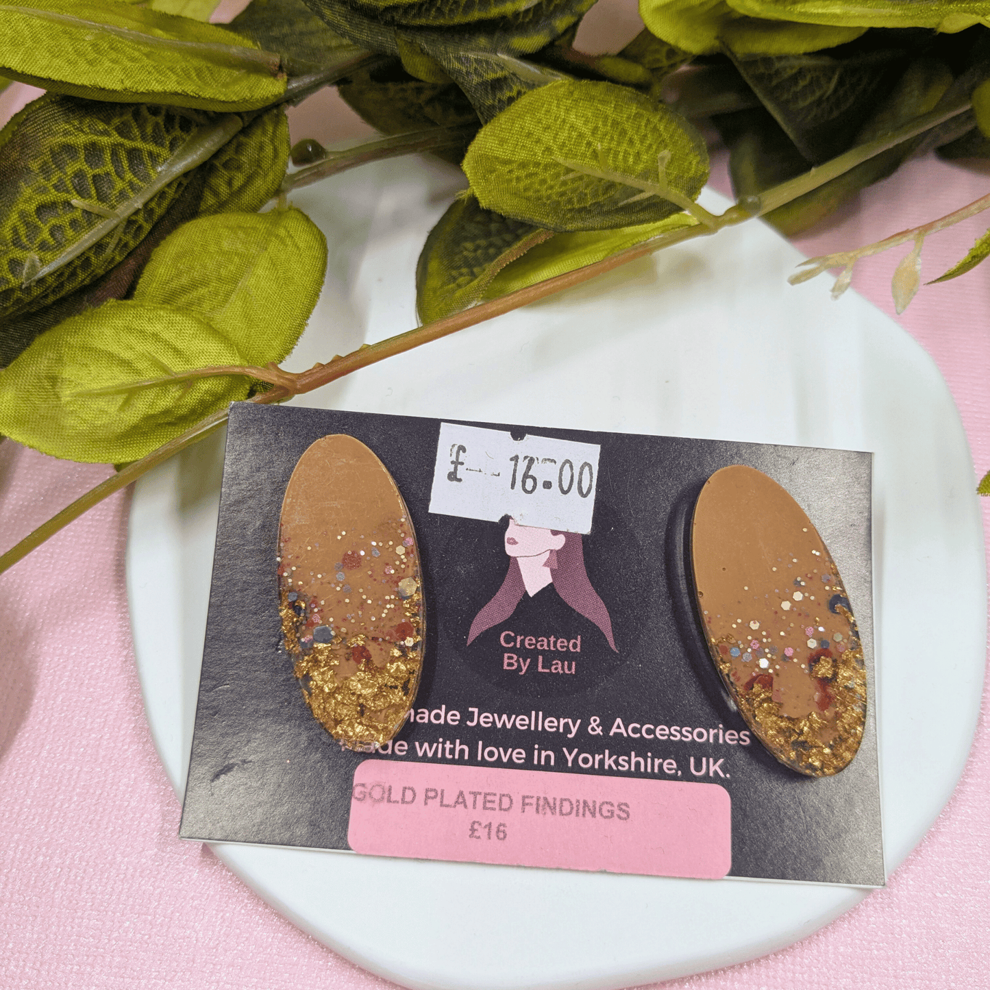 Lucia Beige Glitter & Gold Leaf Resin Stud Earrings