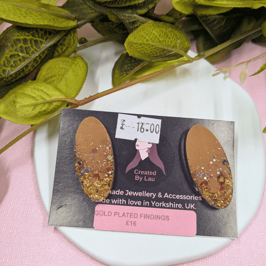 Lucia Beige Glitter & Gold Leaf Resin Stud Earrings