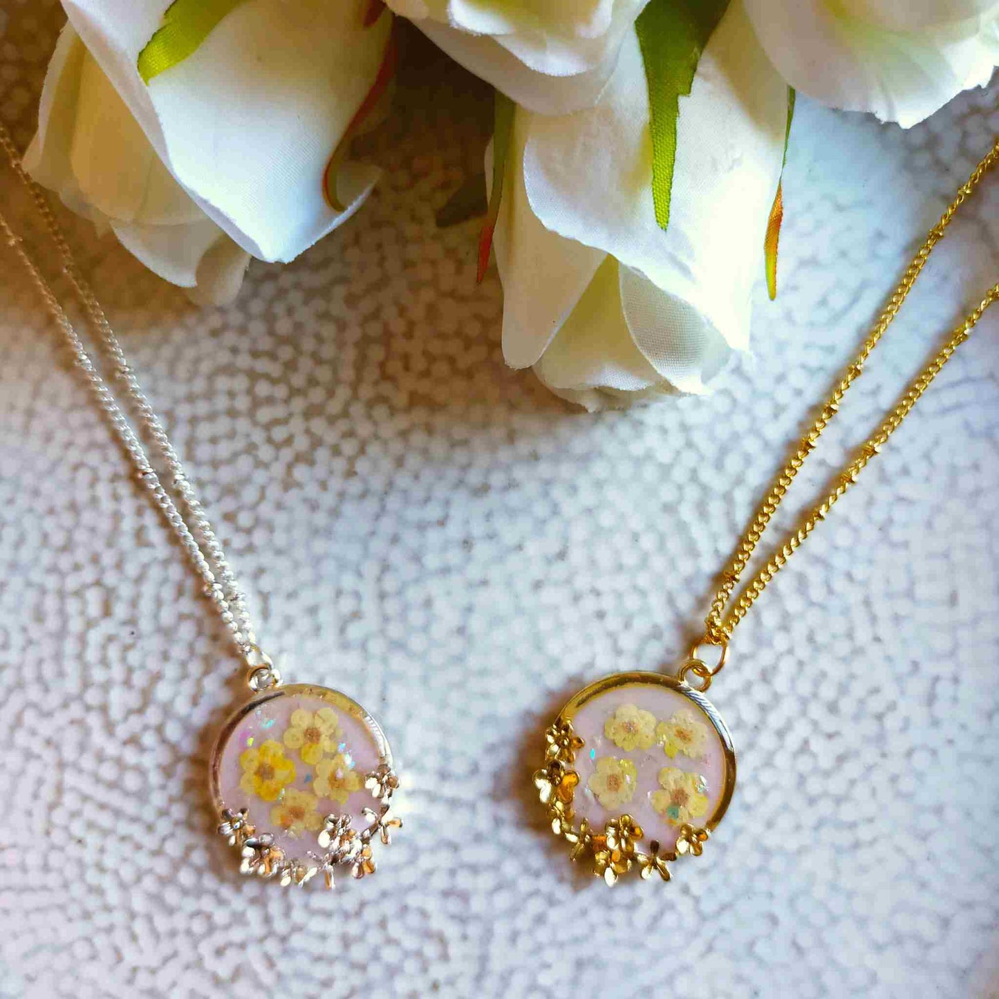 "Lucia" Cream Blossom on Pink Resin Flower Necklace