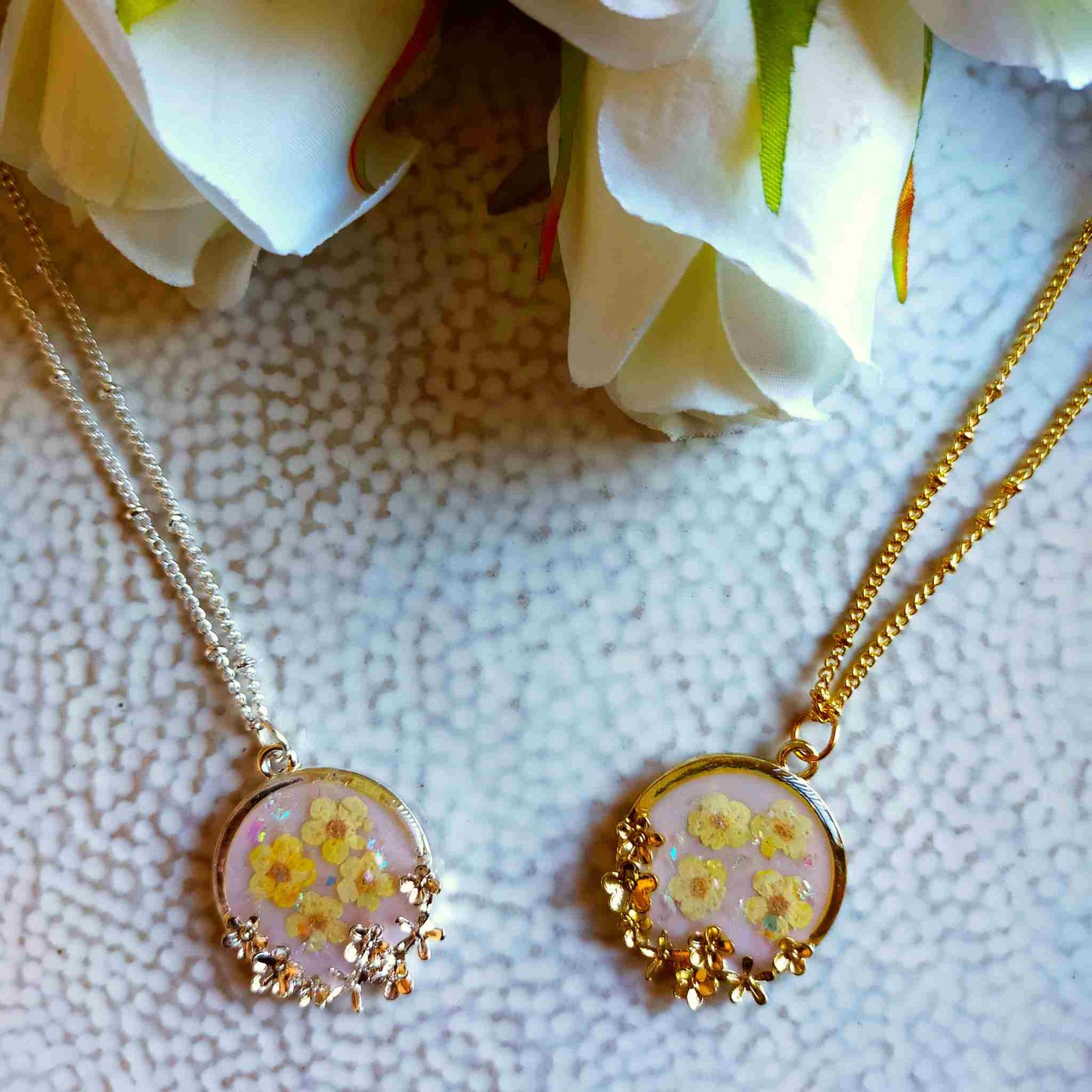"Lucia" Cream Blossom on Pink Resin Flower Necklace