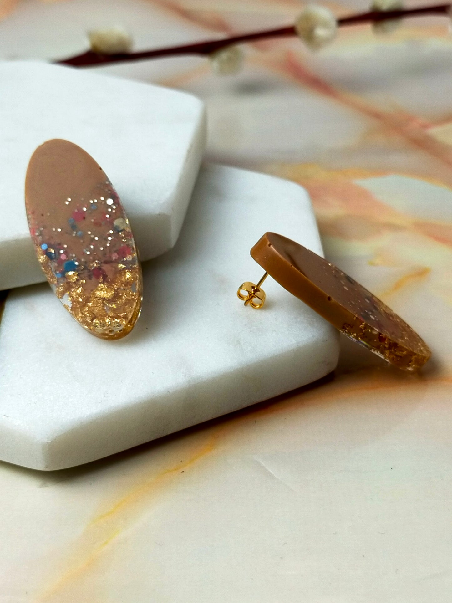 "Lucia" Oval Beige with Gold Leaf Resin Stud Earrings