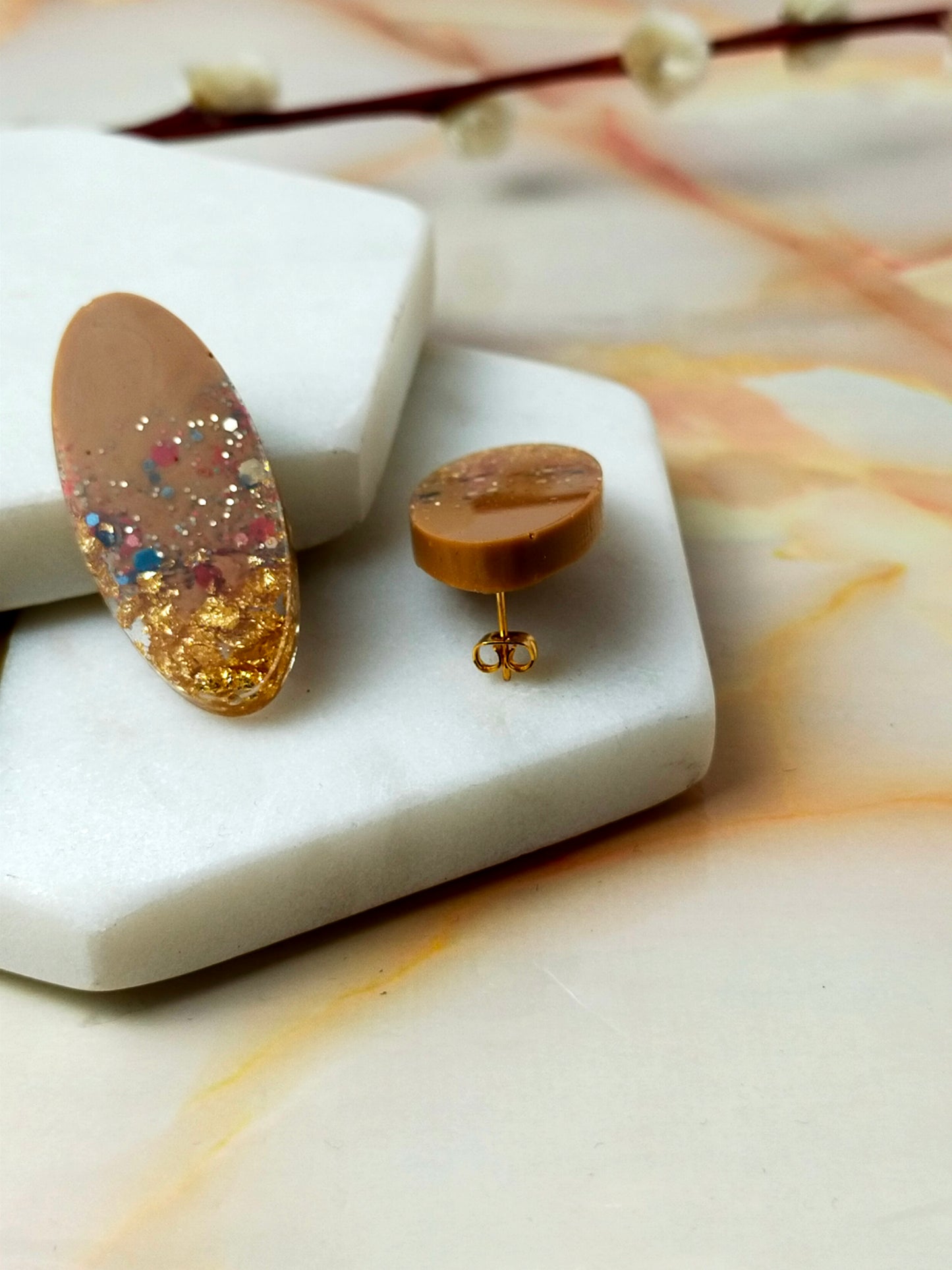 "Lucia" Oval Beige with Gold Leaf Resin Stud Earrings
