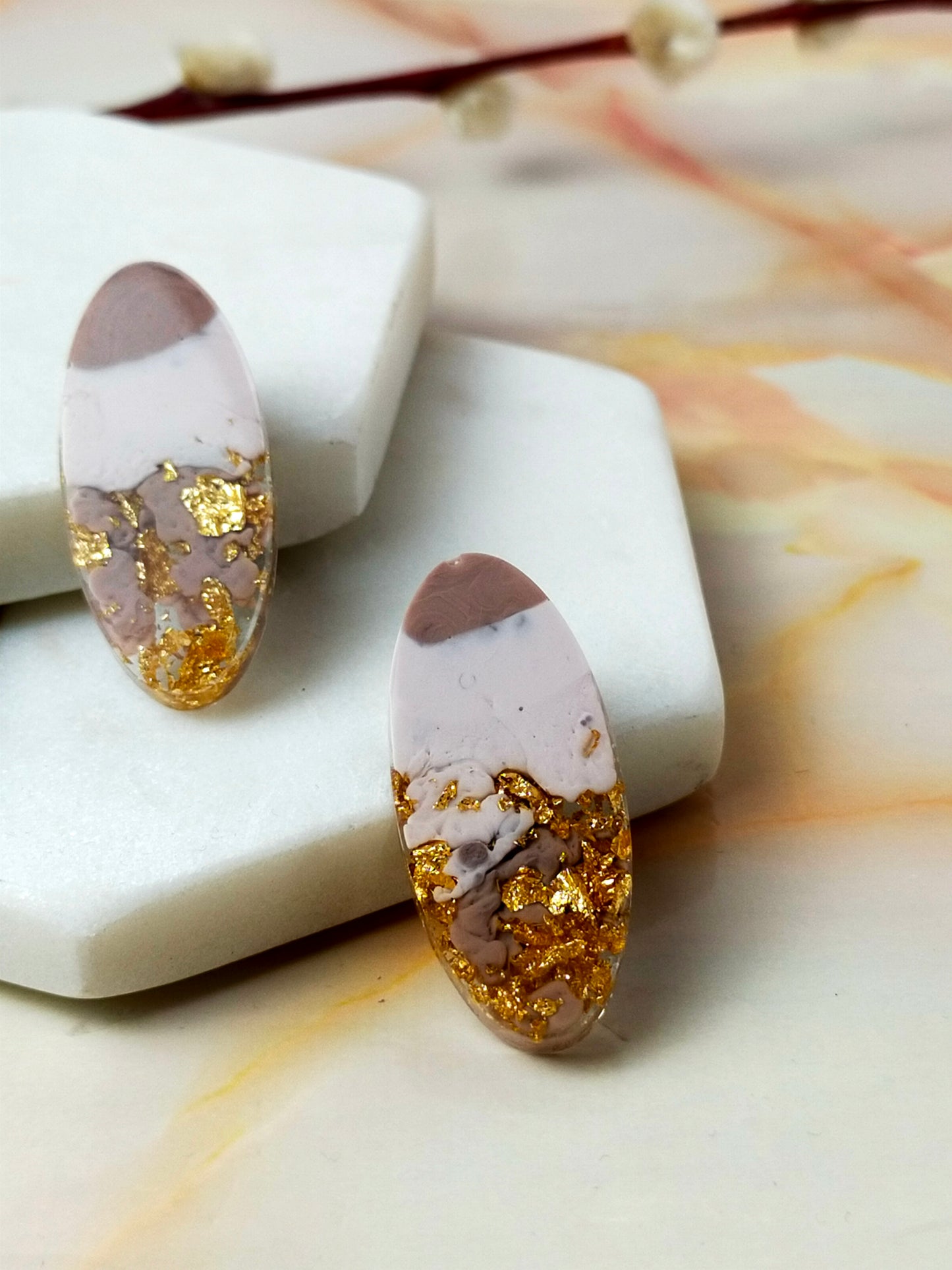 "Lucia" Oval Neutral with Gold Leaf Resin Stud Earrings