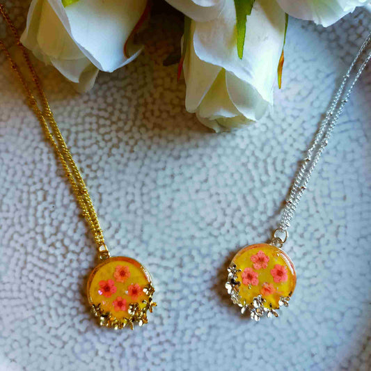 "Lucia" Pink Blossom on Yellow Resin Flower Necklace