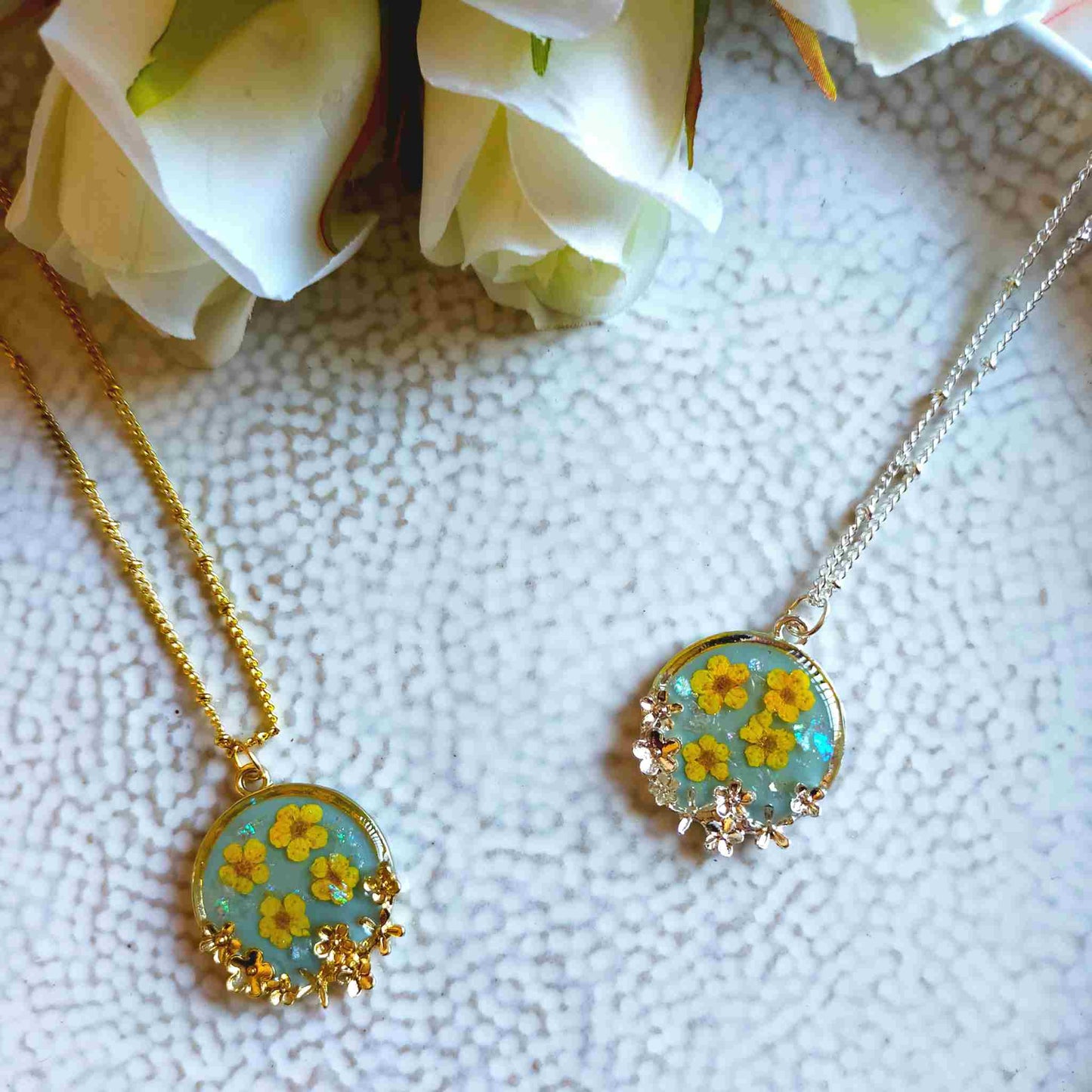 "Lucia" Yellow Blossom on Blue Resin Flower Necklace