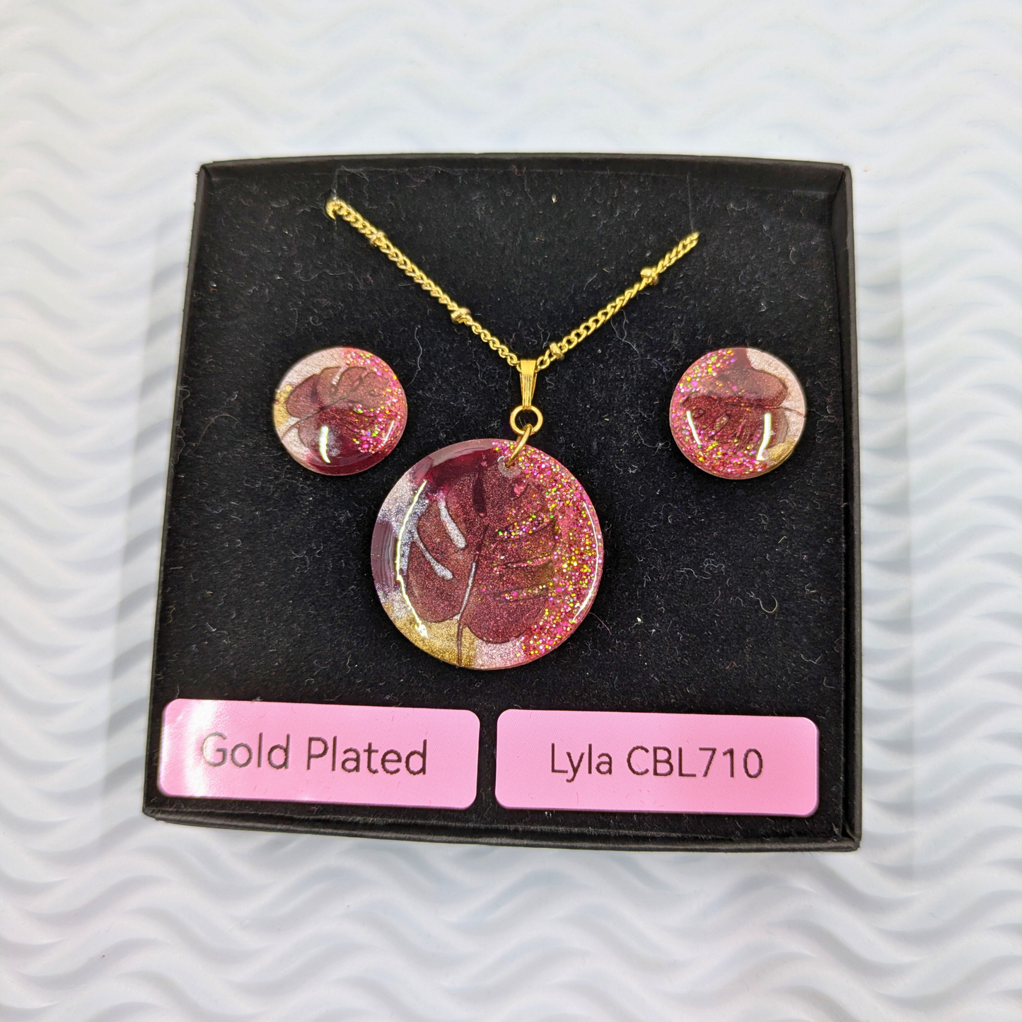 "Lyla" Leaf Burgundy Pink Resin Studs & Necklace Set