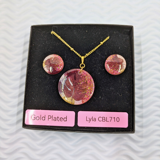 "Lyla" Leaf Burgundy Pink Resin Studs & Necklace Set