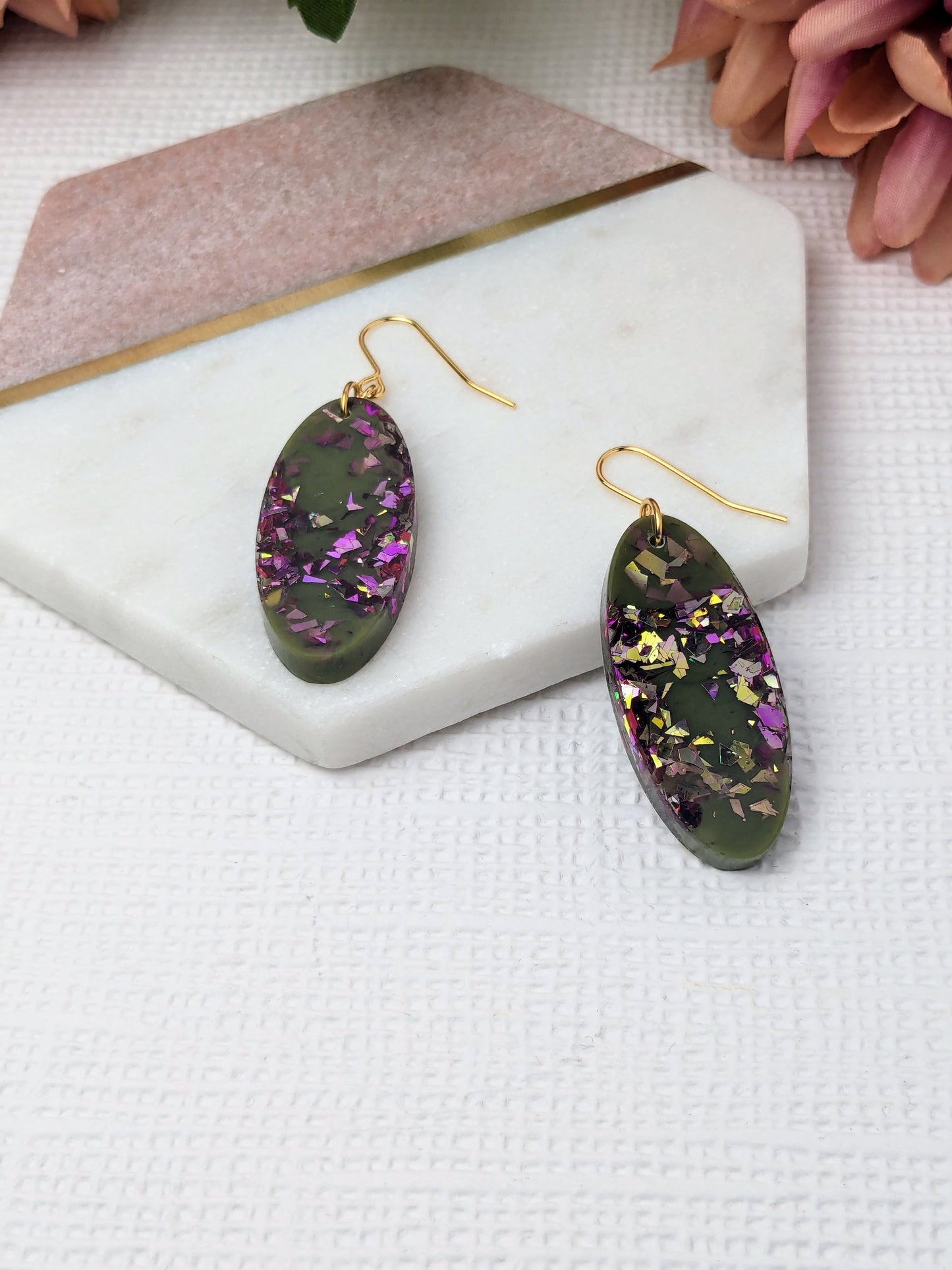 "Mae" Khaki Purple Sparkle Resin Dangle Earrings