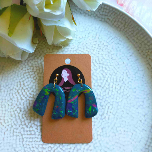 "Martha" Blue Iridescent Polymer Clay Arch Earrings