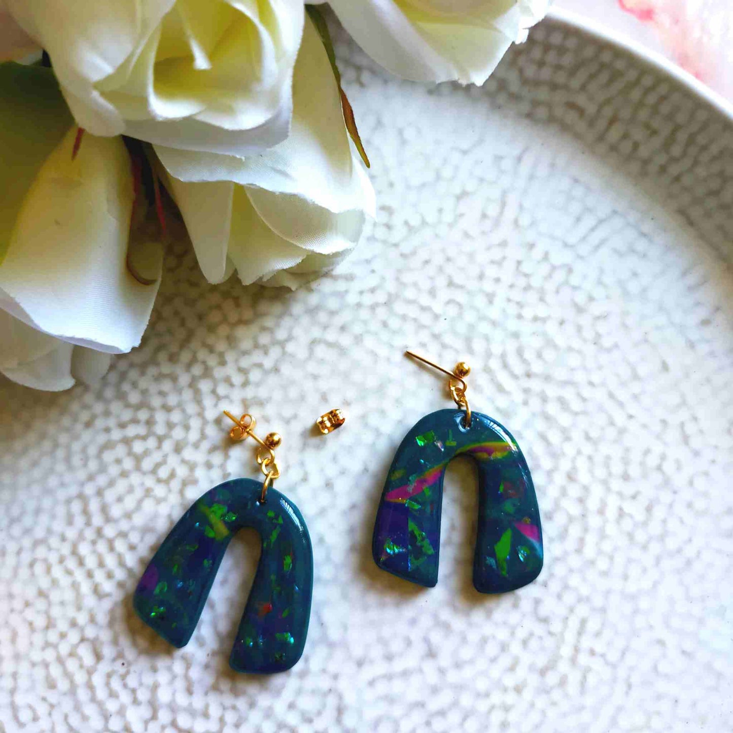 "Martha" Blue Iridescent Polymer Clay Arch Earrings