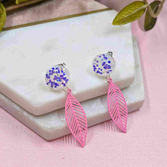 Mavis Glitter Circle Pink Leaf Dangle Stud Earrings - Handmade UK