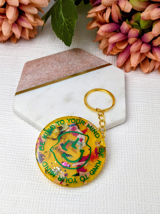 No Waste Be Kind To Your Mind Keyring Bag Charm Yellow Green