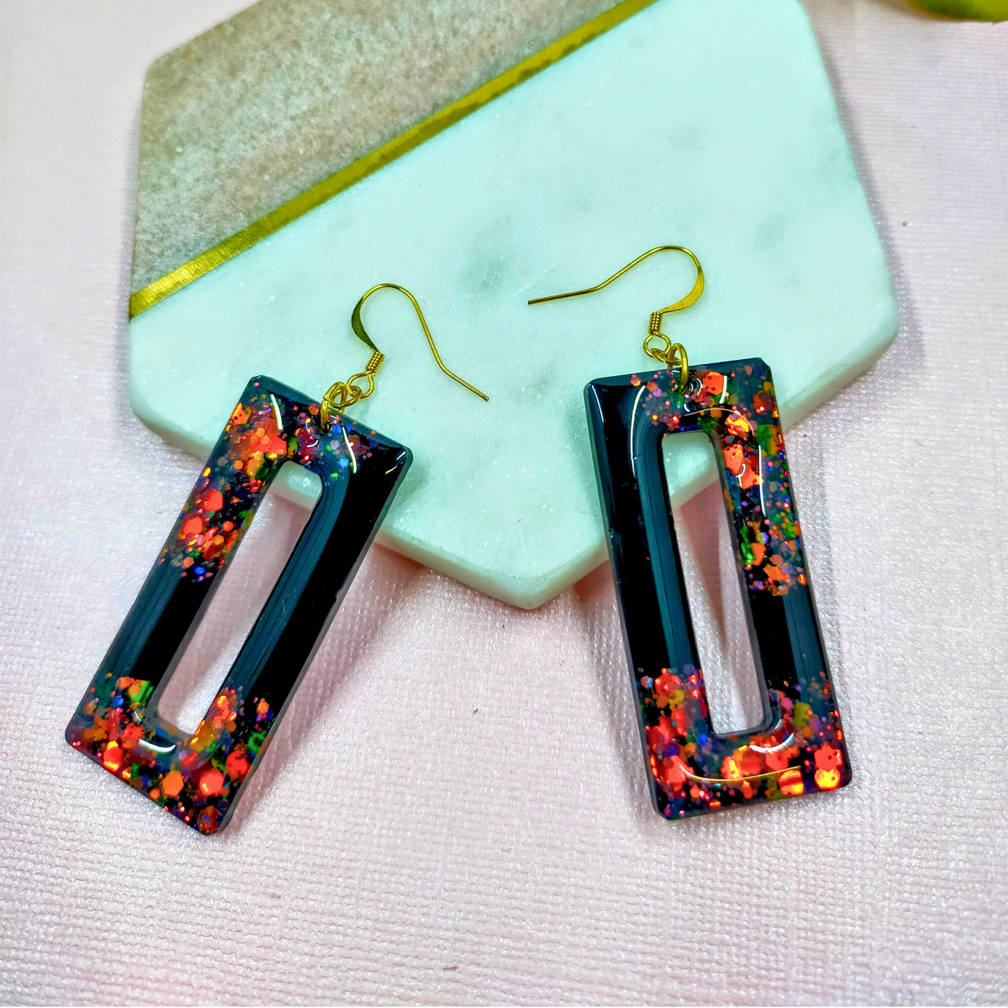 "Nora" Black & Autumn Glitter Rectangle Cut out Resin Dangle Earrings