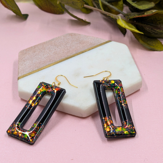 "Nora" Black & Autumn Glitter Rectangle Cut out Resin Dangle Earrings