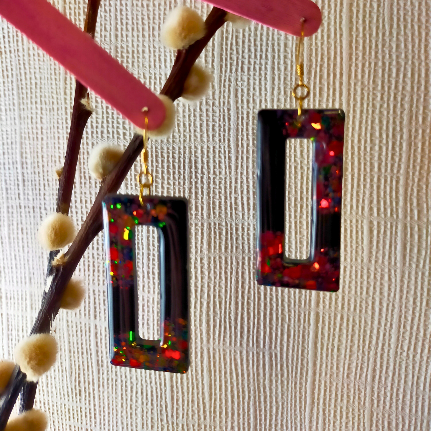 "Nora" Black & Autumn Glitter Rectangle Cut out Resin Dangle Earrings