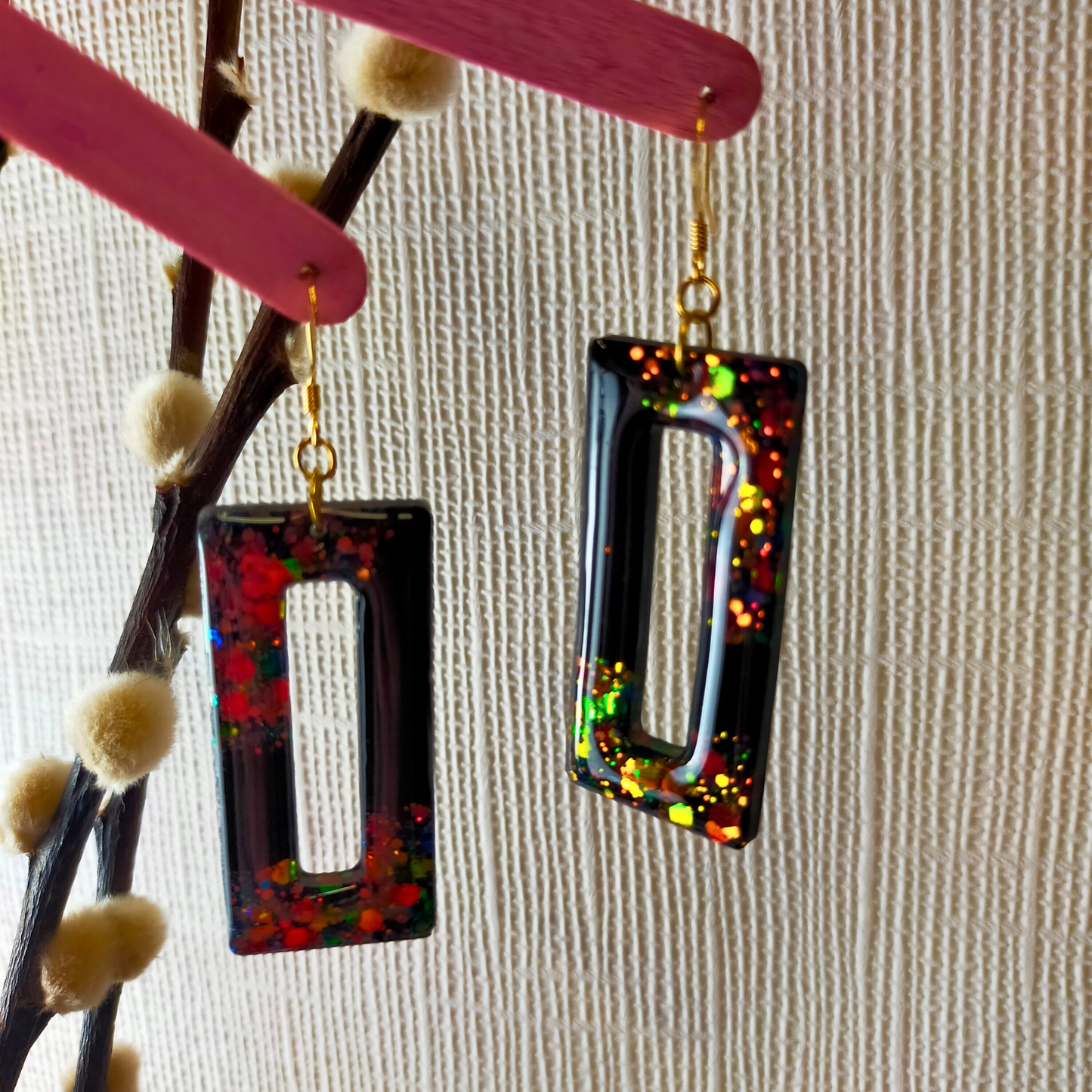 "Nora" Black & Autumn Glitter Rectangle Cut out Resin Dangle Earrings