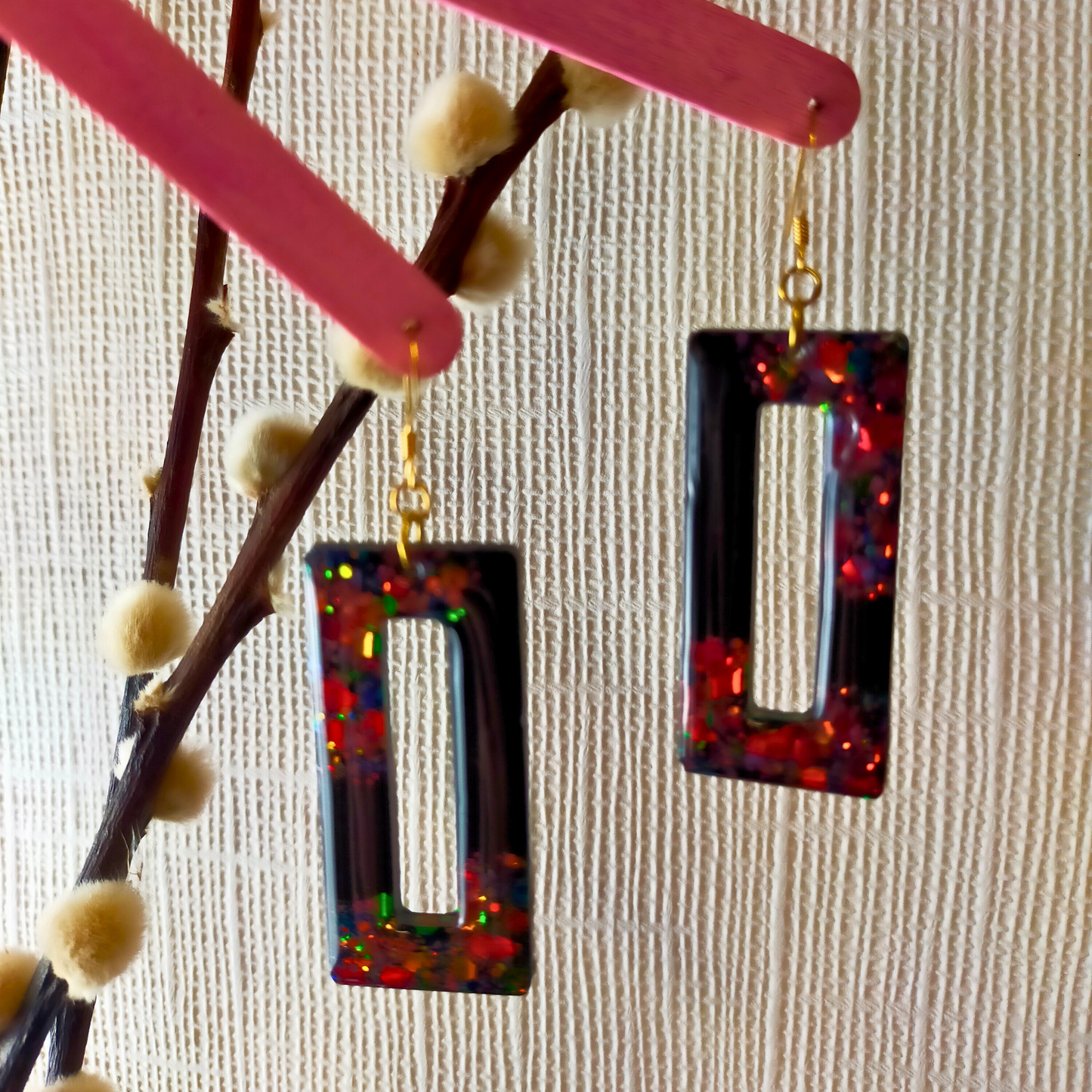 "Nora" Black & Autumn Glitter Rectangle Cut out Resin Dangle Earrings