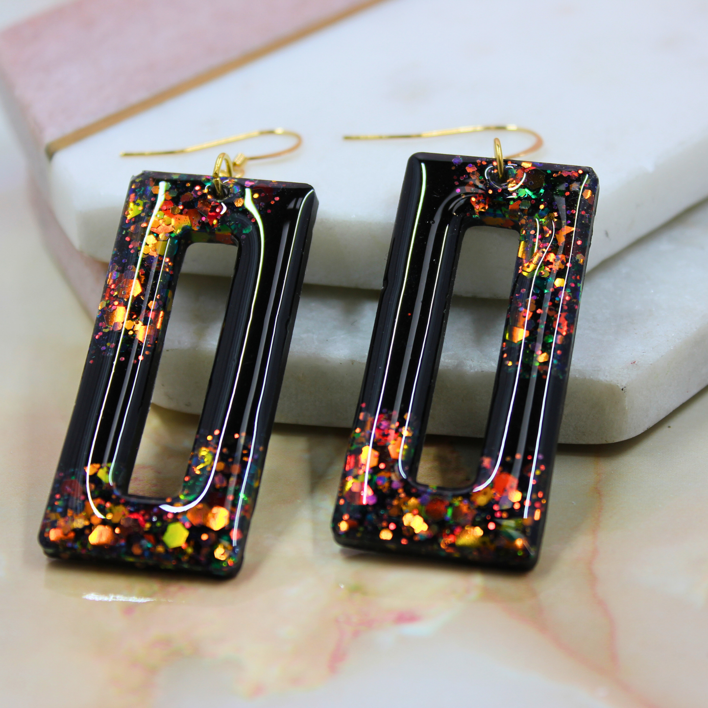 "Nora" Black & Autumn Glitter Rectangle Cut out Resin Dangle Earrings