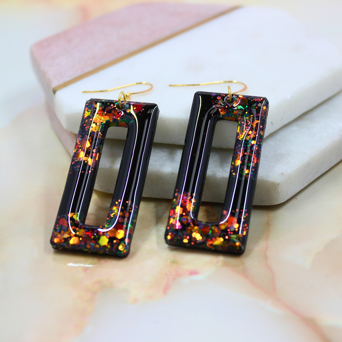 "Nora" Black & Autumn Glitter Rectangle Cut out Resin Dangle Earrings