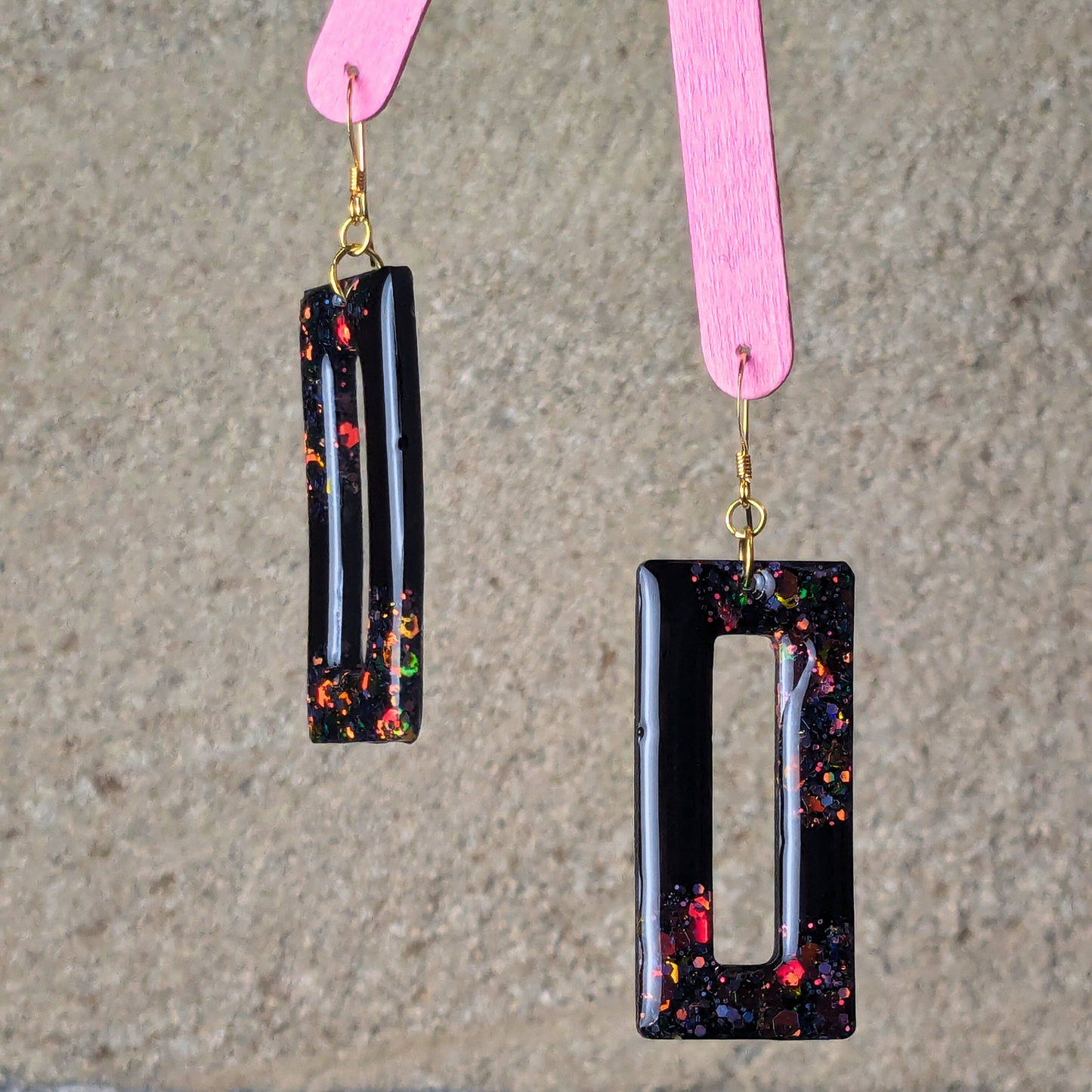 "Nora" Black & Autumn Glitter Rectangle Cut out Resin Dangle Earrings