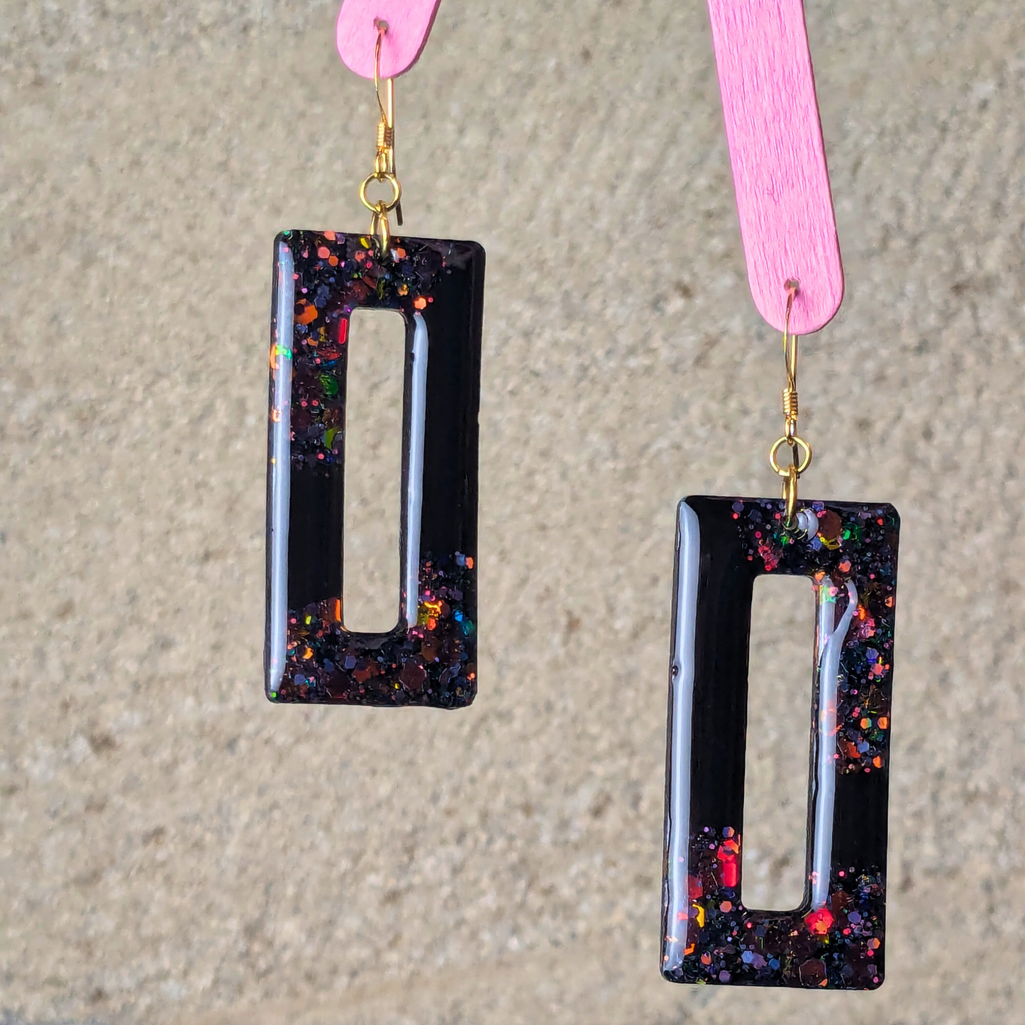 "Nora" Black & Autumn Glitter Rectangle Cut out Resin Dangle Earrings