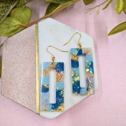 Nora Teal & Gold Glitter Rectangle Cutout Resin Dangle Earrings - Gold Plated - Handmade Yorkshire