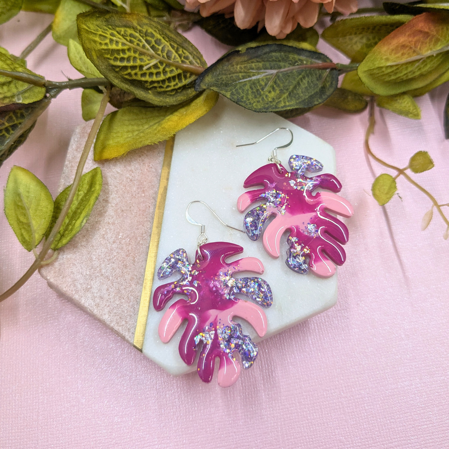 "Nyla" Pink Coloured with Lilac Glitter Leaf Earrings