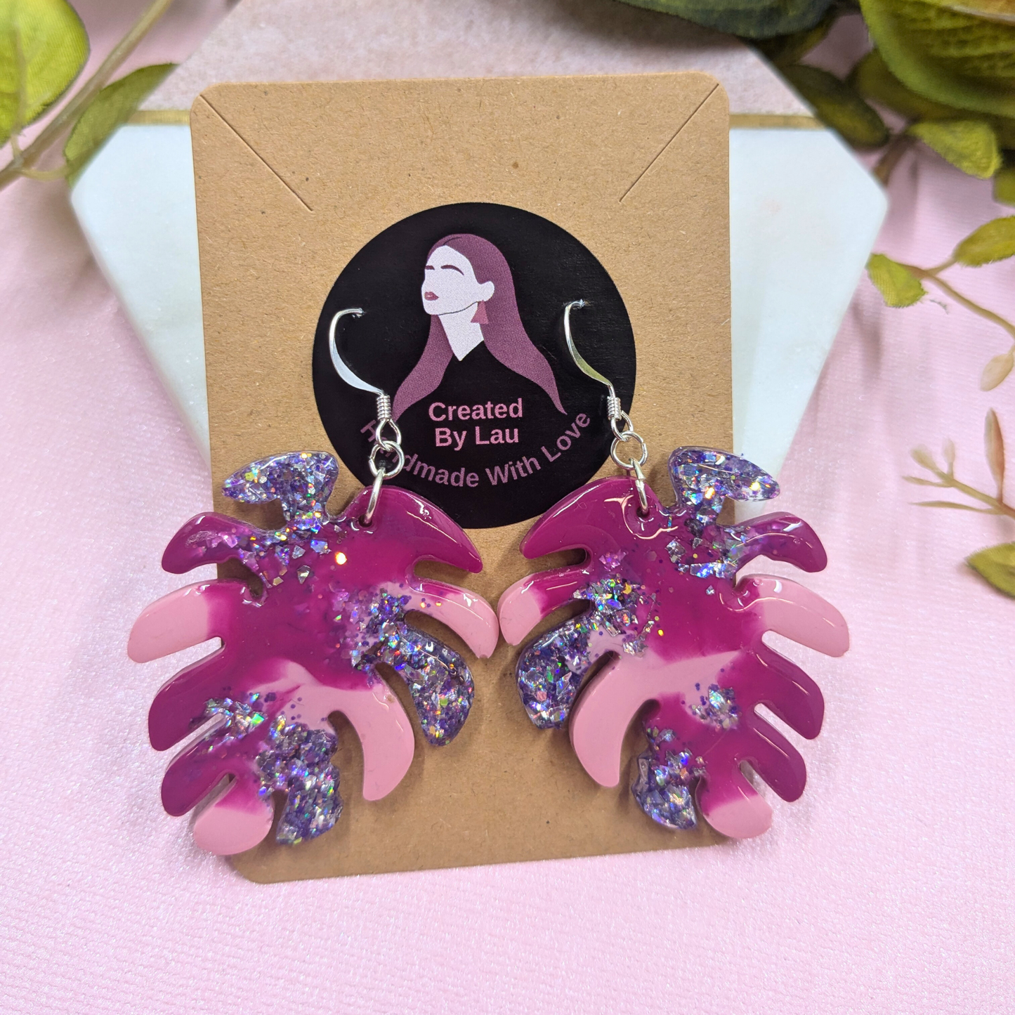 "Nyla" Pink Coloured with Lilac Glitter Leaf Earrings