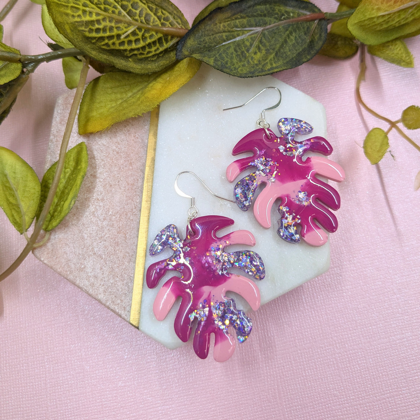 "Nyla" Pink Coloured with Lilac Glitter Leaf Earrings