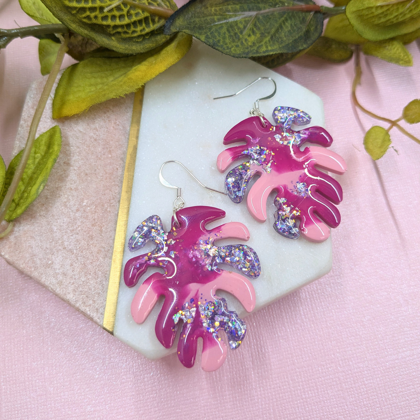 "Nyla" Pink Coloured with Lilac Glitter Leaf Earrings