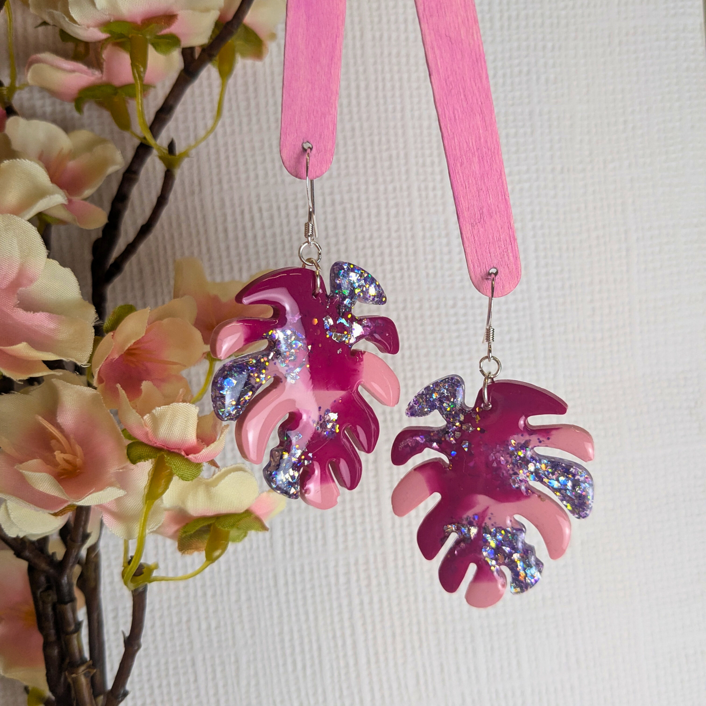 "Nyla" Pink Coloured with Lilac Glitter Leaf Earrings