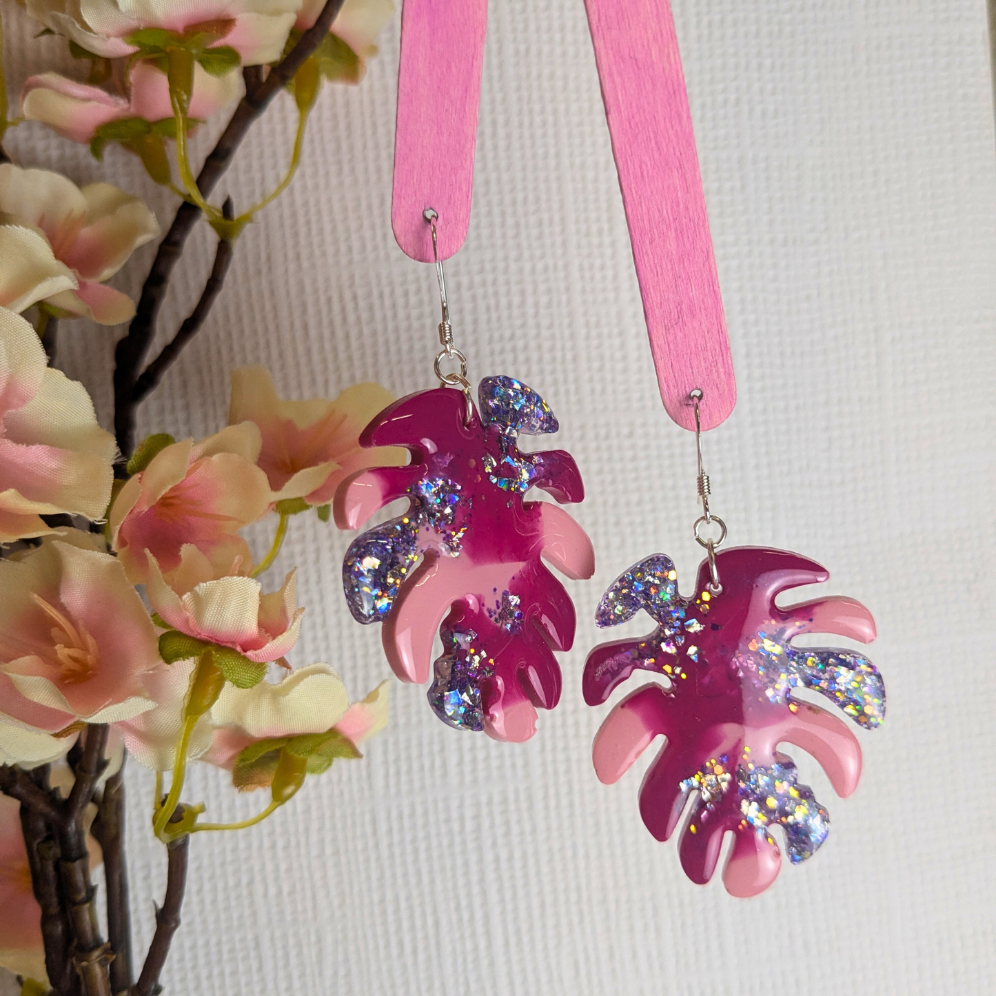"Nyla" Pink Coloured with Lilac Glitter Leaf Earrings