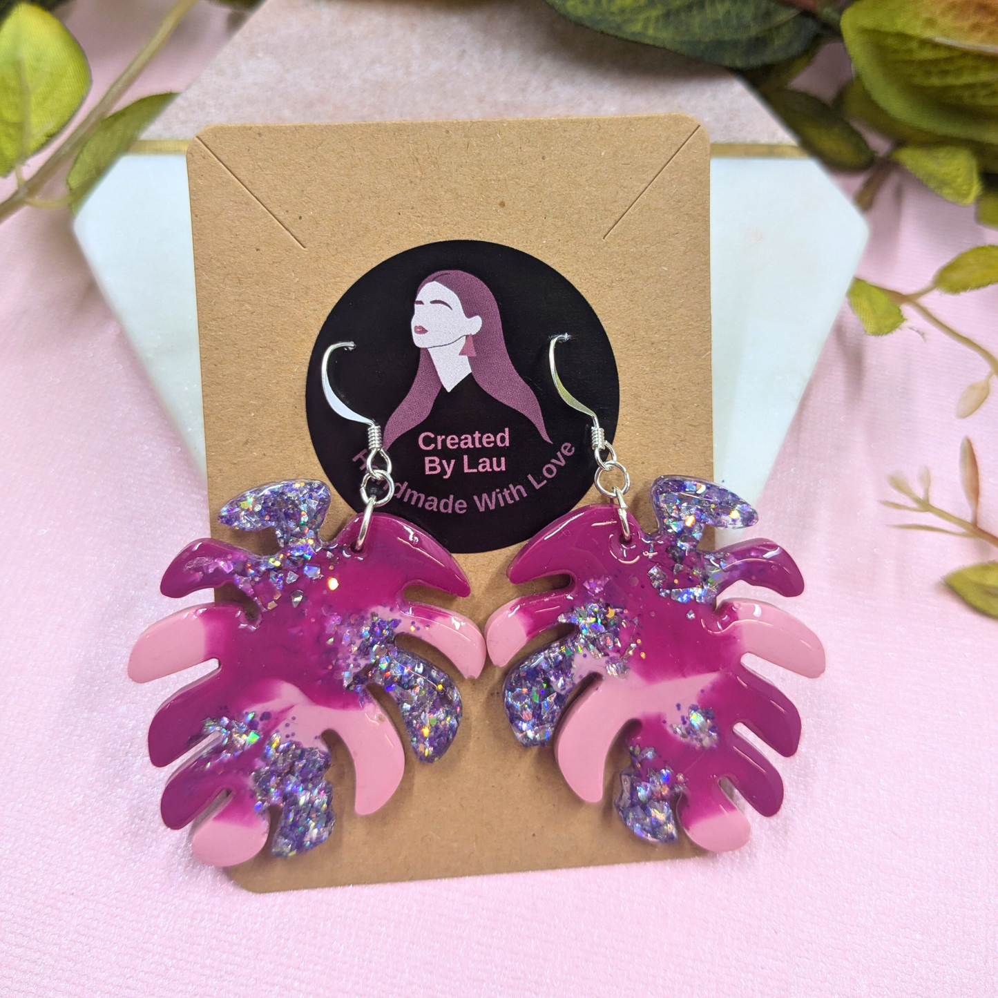 "Nyla" Pink Coloured with Lilac Glitter Leaf Earrings