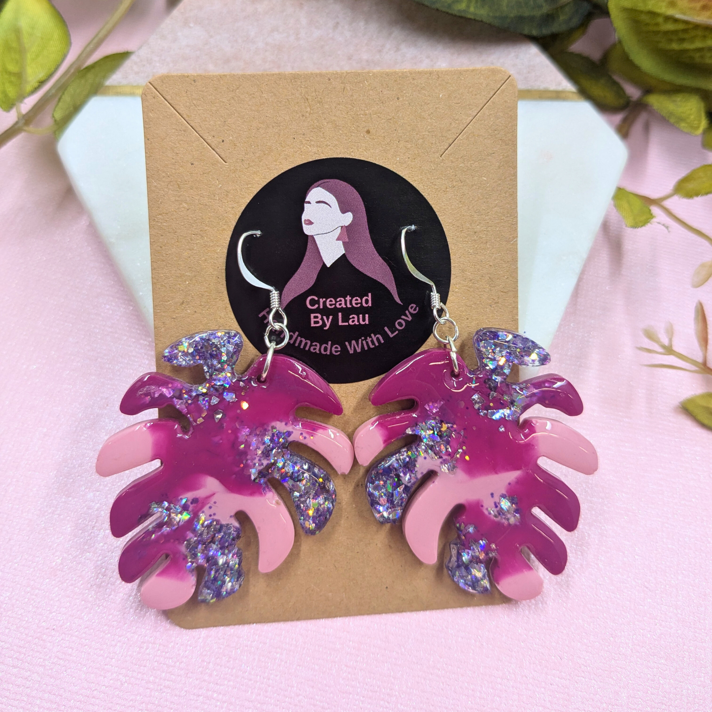 "Nyla" Pink Coloured with Lilac Glitter Leaf Earrings