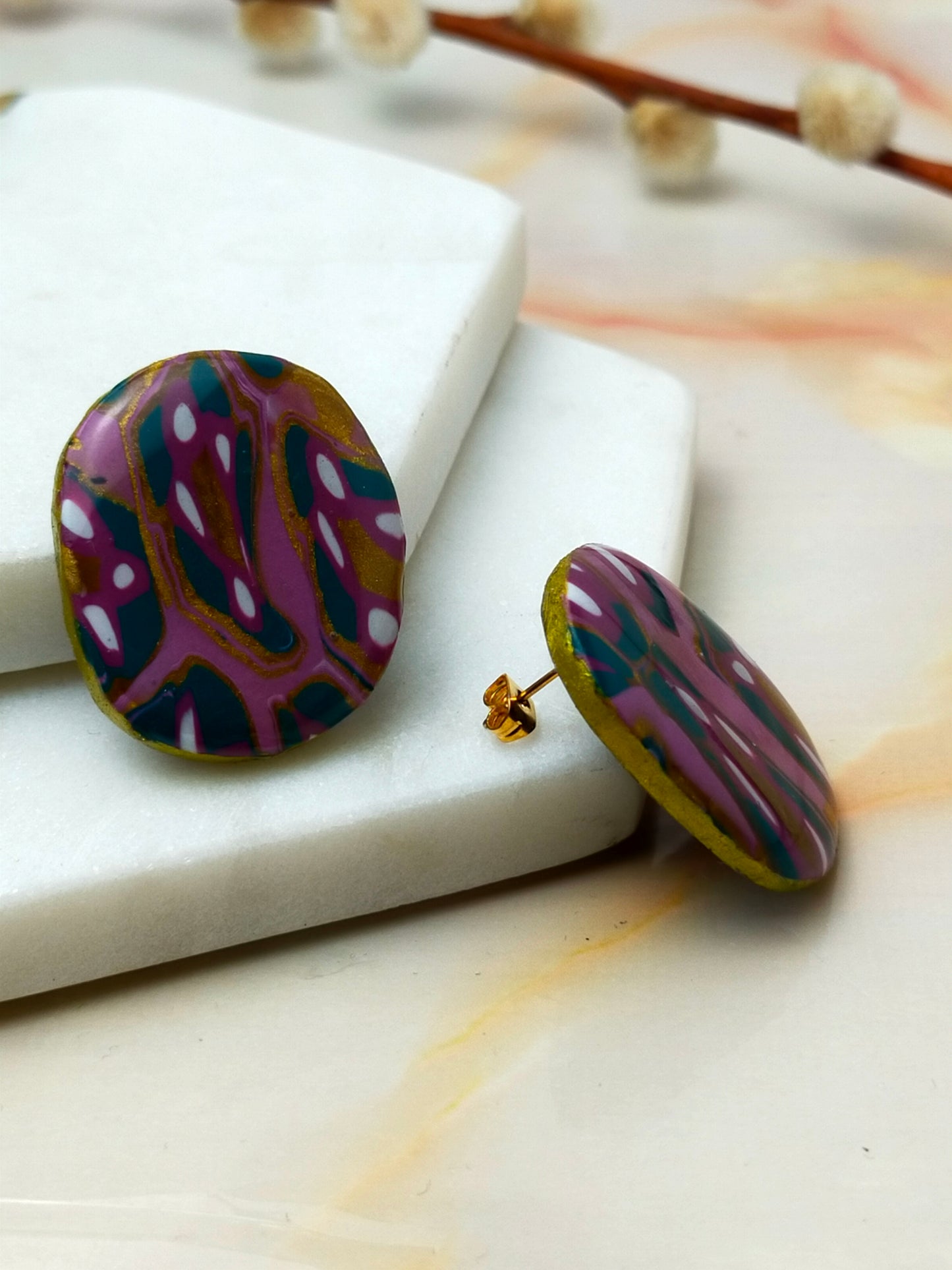 "Olivia" Abstract Large Oval Polymer Clay Stud Earrings