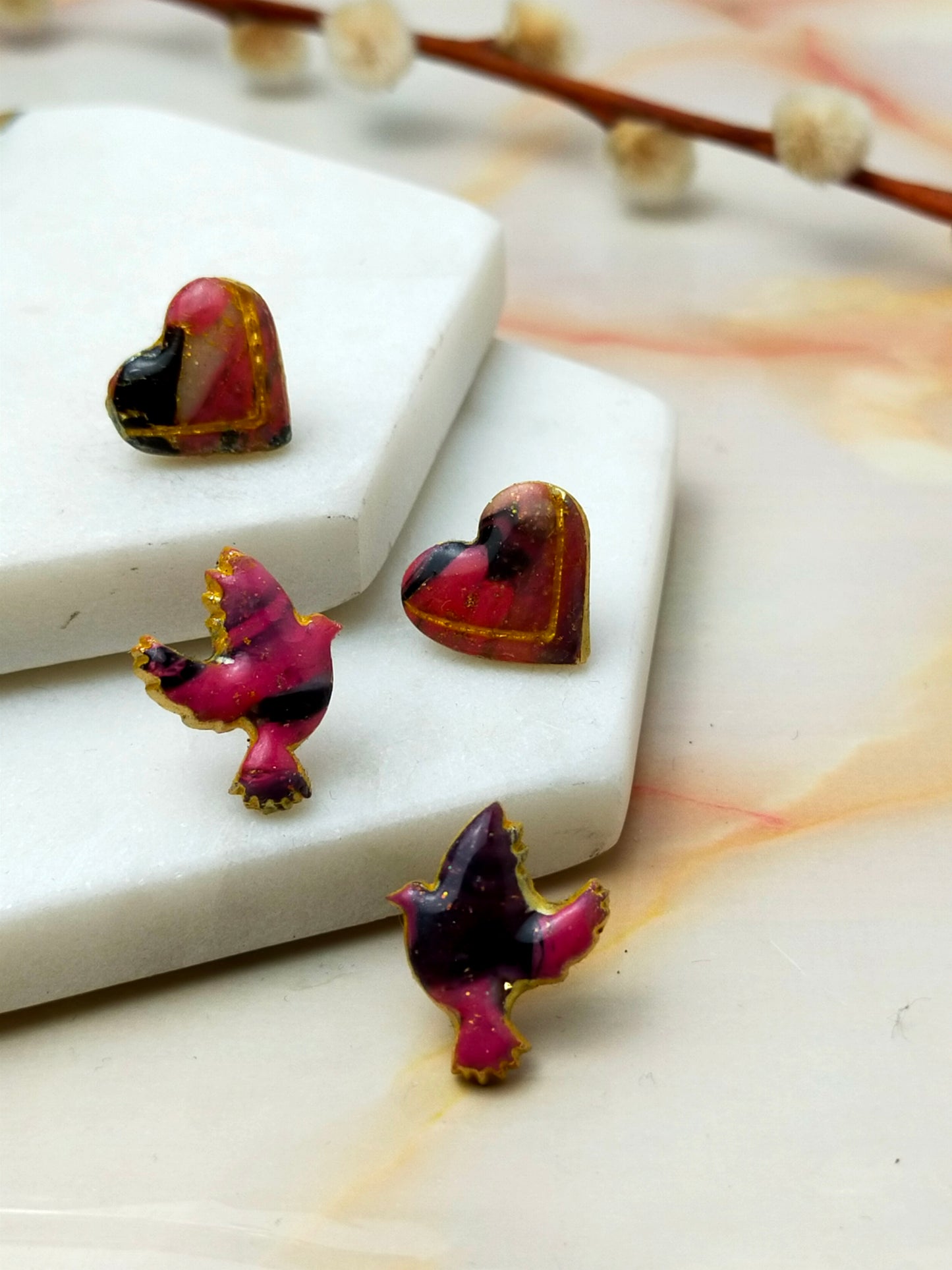 "Paloma" 2 Pack Set - Hearts Stud Earrings and Love Bird Stud Earrings - Valentine's Collection