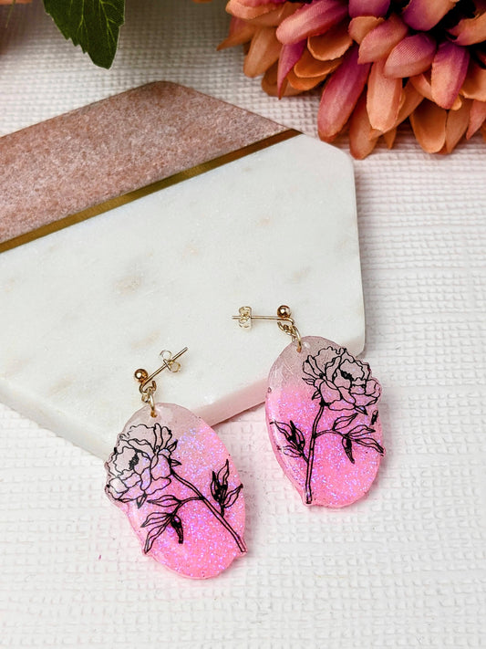 "Peony" Flower Silhouette Pink & White Resin Dangle Earrings
